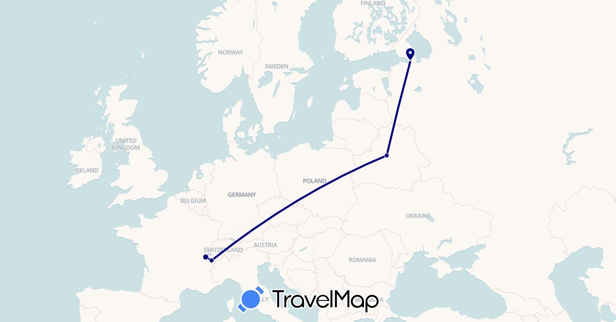 TravelMap itinerary: driving in Belarus, Switzerland, France, Russia (Europe)